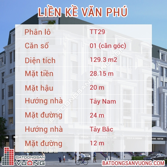 Thông tin chi tiết Liền kề ô số 1 lô TT29 Khu đô thị Văn Phú