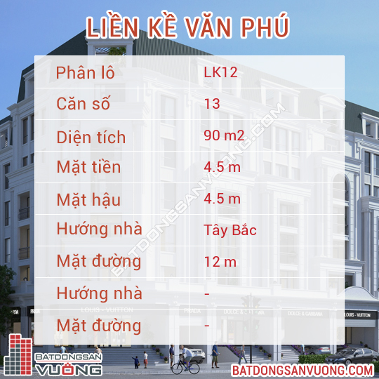 Thông tin chi tiết Liền kề ô số 13 lô LK12 Khu đô thị Văn Phú