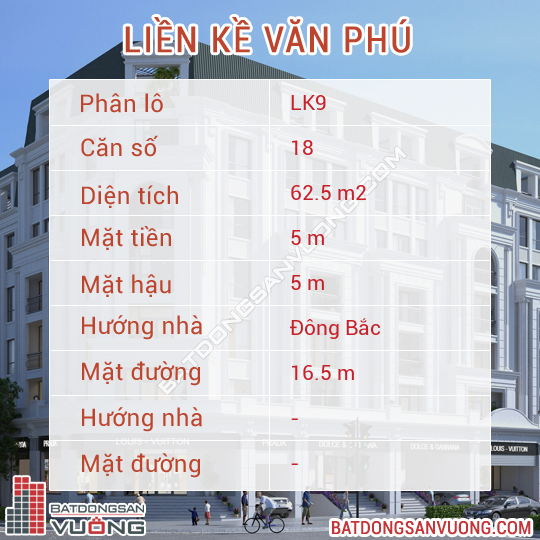 Thông tin chi tiết Liền kề ô số 18 lô LK9 Khu đô thị Văn Phú
