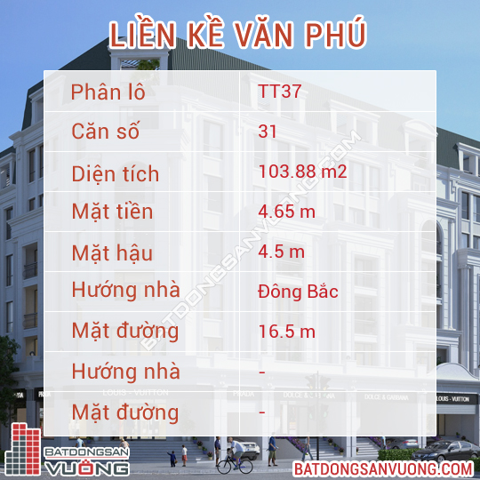 Thông tin chi tiết Liền kề ô số 31 lô TT37 Khu đô thị Văn Phú