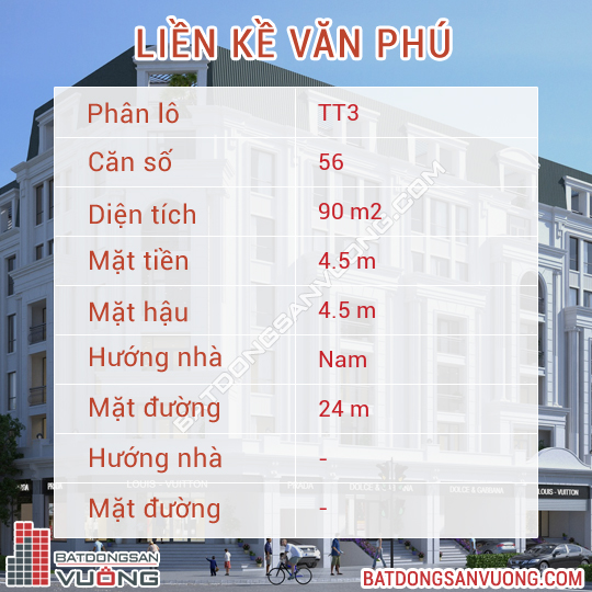 Thông tin chi tiết Liền kề ô số 56 lô TT3 Khu đô thị Văn Phú