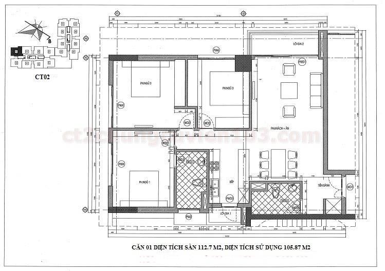 Mặt bằng căn 01 dự án chung cư Viện 103 