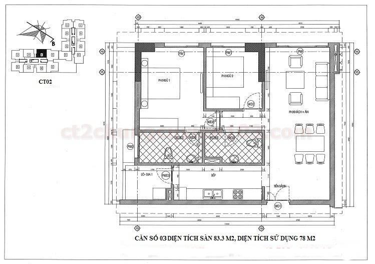 Mặt bằng căn 03 dự án chung cư Viện 103 