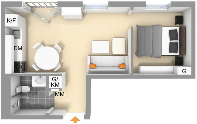 
Toàn bộ sơ đồ bố trí không gian trong căn hộ 36m2.
