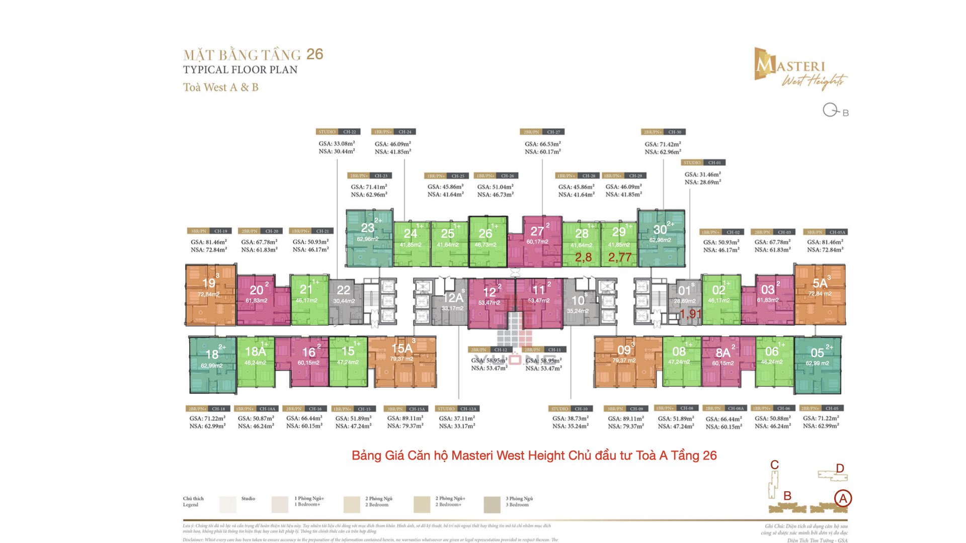 giá bán toà West A Masteri Tây Mỗ tầng 27