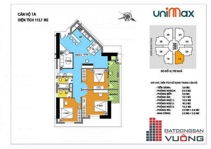 Thiết kế mặt bằng căn hộ 1A Unimax 210 Quang Trung