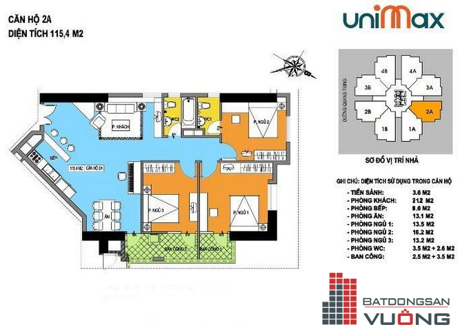 Thiết kế mặt bằng căn hộ 2A Unimax 210 Quang Trung