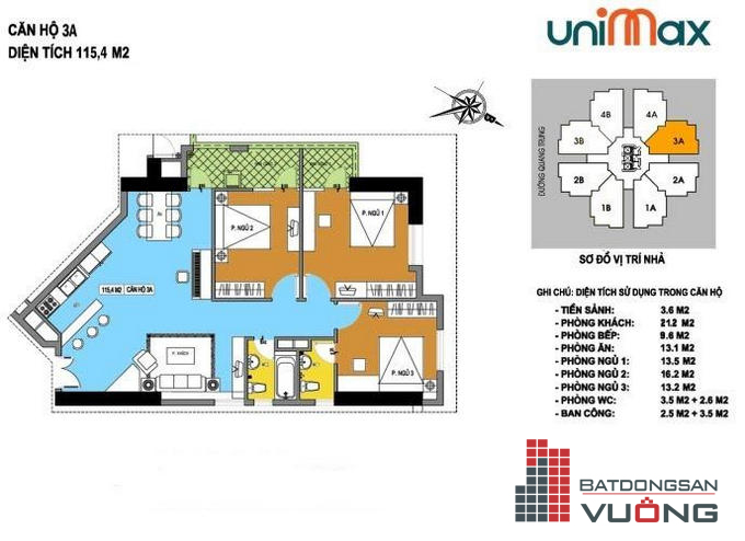 Thiết kế mặt bằng căn hộ 3A Unimax 210 Quang Trung