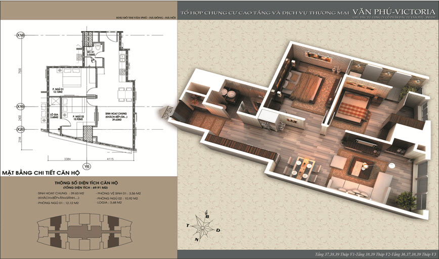 Thiết kế căn 70 m2 chung cư Văn Phú Victoria