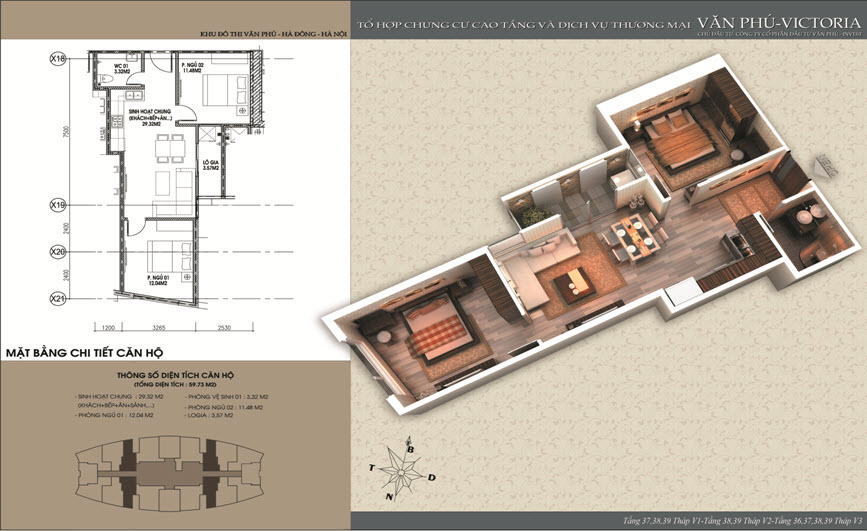 Thiết kế căn 60 m2 chung cư Văn Phú Victoria
