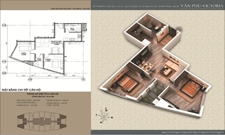 Thiết kế căn 66 m2 chung cư Văn Phú Victoria